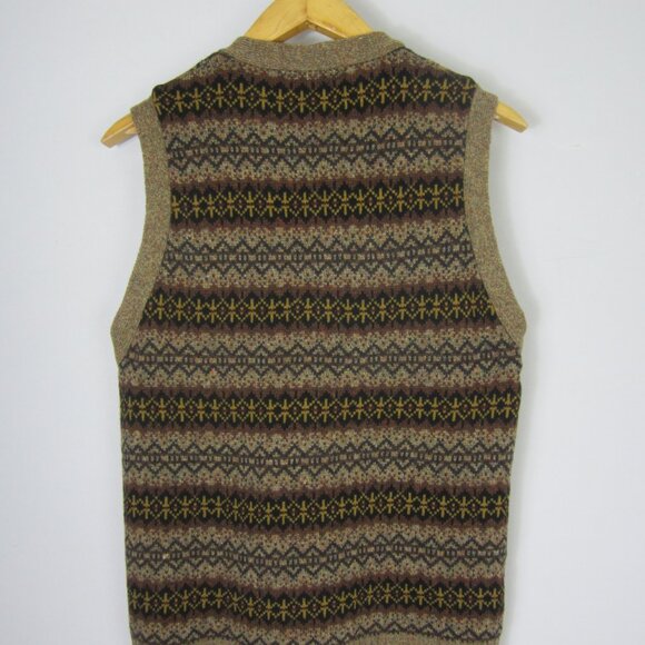 Geoffrey Been Mens Large Brown Black Lambswool Fair Isle Button Sweater Vest - Picture 2 of 10
